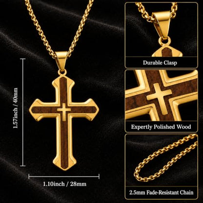 14K Gold Plated Wood Cross Necklace for Men Christian Pendant Jewelry - color: A04-Cross