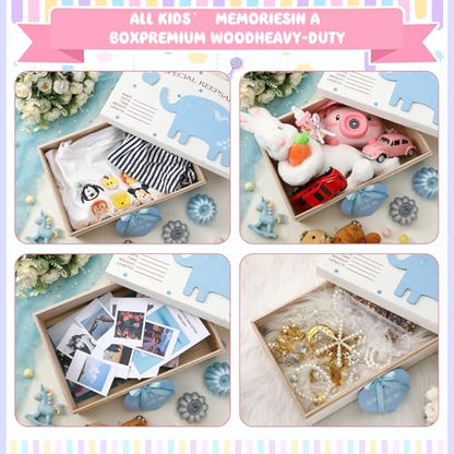 Soaoo 3D Wooden Elephant Baby Keepsake Box Baby Boy Girl Memorial Box, Blue - color: Blue