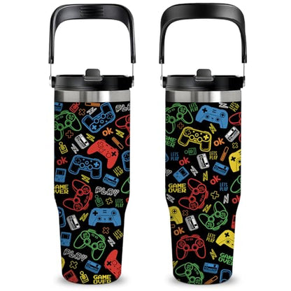 30 oz Game Tumbler with Top Handle & Flip Straw, Gamer Gifts for Boys - color: Game2