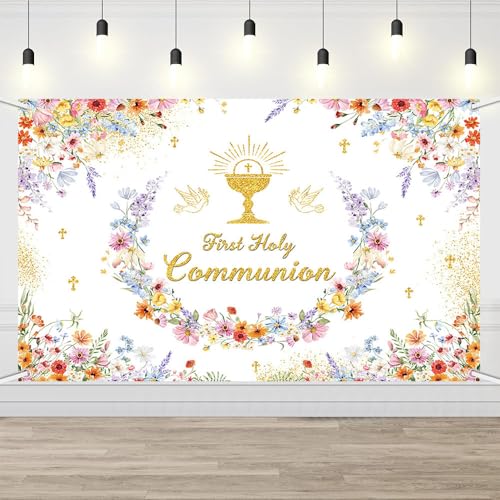 AIBIIN Wildflower First Holy Communion Backdrop Mi Primera Comunión Party Banner Elegant Floral Baptism Background Gold Chalice Cross Party Decoration 6x3.6ft - color: First Holy Communion, size: 6x3.6ft