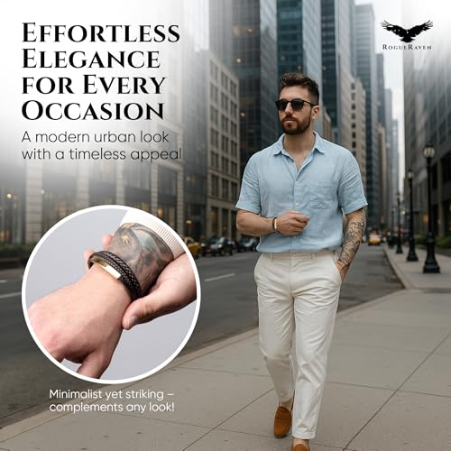 RogueRaven Black Leather Bracelet for Men – Premium Collection – Brown Black Gold Silver | Genuine Leather Mens Bracelet with Stainless Steel Clasp [Adjustable] | In Luxury Gift Box - color: Brown gold