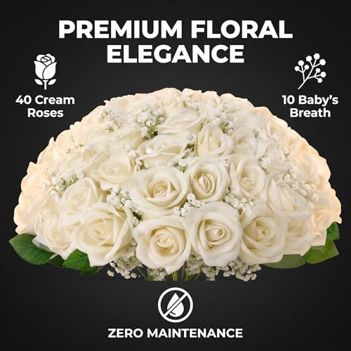 50 Pcs Artificial Rose Bouquet with Baby's Breath, Fake Silk White Roses Realistic Rose for Wedding Centerpieces Flower Arrangement Home Decor