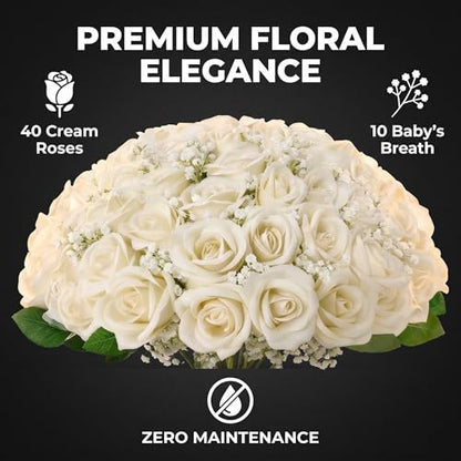 50 Pcs Artificial Rose Bouquet with Baby's Breath, Fake Silk White Roses Realistic Rose for Wedding Centerpieces Flower Arrangement Home Decor