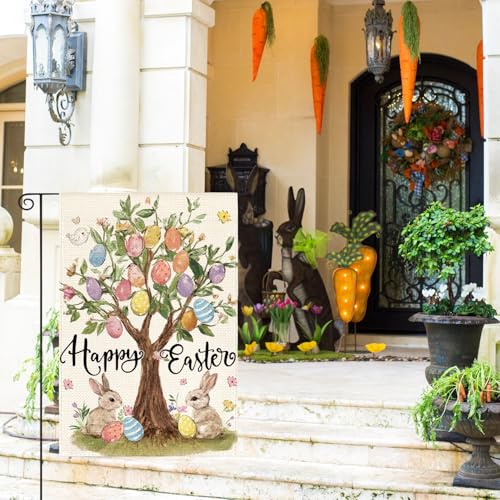 AVOIN colorlife Happy Easter Egg Tree Bunnies Garden Flag 12x18 Inch - size: Garden Size-12 x 18"