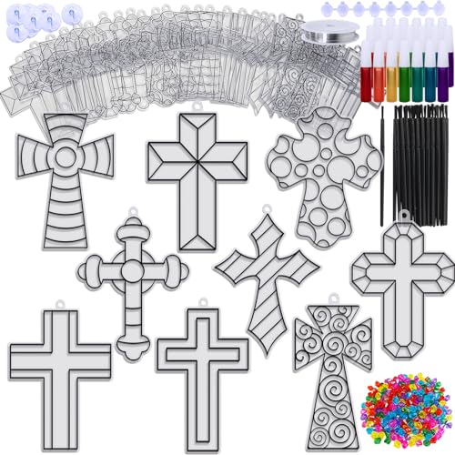 Winlyn 27 Set Cross Suncatchers Ornaments Decorations DIY Window Paint Art Craft Kits for Kids Sunday School VBS Christmas Easter Holiday Activities Party Favors