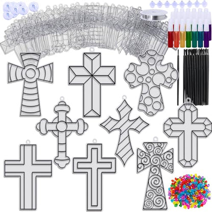 Winlyn 27 Set Cross Suncatchers Ornaments Decorations DIY Window Paint Art Craft Kits for Kids Sunday School VBS Christmas Easter Holiday Activities Party Favors