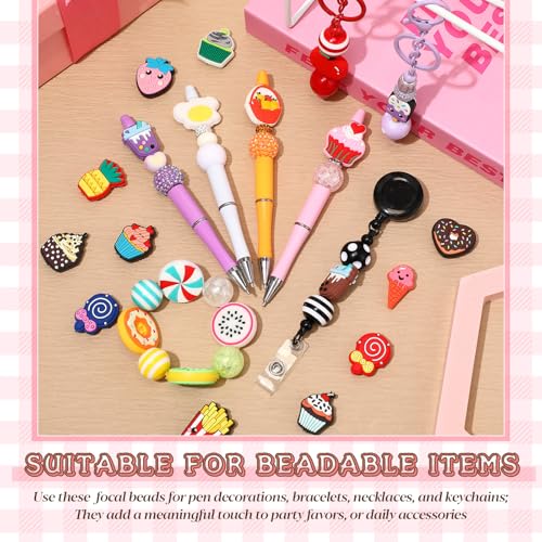 Tondiamo 60 Pcs Food Silicone Focal Beads for Pens Funny Desserts Silicone Beads Bulk for Beaded Pen DIY Craft Keychain Making Necklace Bracelet Charms Jewelry Decor - style: Food Style