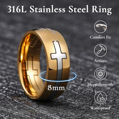 King Will Stainless Steel Men Ring Lord's Prayer Cross Ring Stainless Steel Men Wedding Ring, Wedding Band Bible Engraved Rings High Polished, Comfort Fit - color: Gold Silver