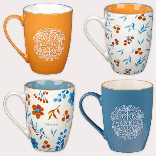 Christian Art Gifts Floral Ceramic Coffee Mug Set: In All Things Give Thanks