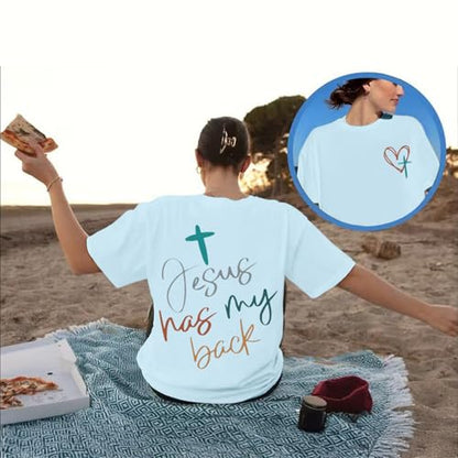 Tuislay Christian Shirts for Women Jesus Has My Back Tshirt God Bible Verse Shirt Faith Cross T Shirts Inspirational Tees Top - color: Light Blue, size: XX-Large