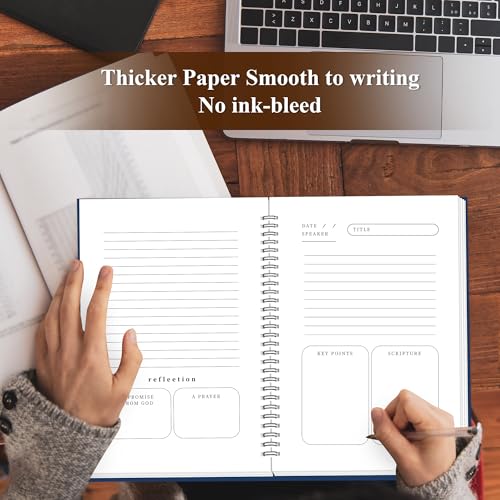 Church Notes Journal, Sermon Notes Notebook with Waterproof Clear PVC Cover, 100GSM No-Bleed Paper, Spiral Bound, 158 Pages, Christian Church Notebook for Bible Study, Worship & Reflection