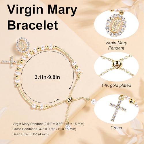 Rosary Cross Bracelet for Women, Gold Virgin Mary Rosary Beads Catholic Bracelet - style: white and gold beads