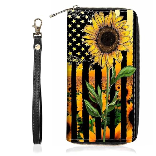 American Flag Sunflower Print Wallet for Women Large Capacity Wallet Credit Card Holder PU Leather Zipper Clutch Purse Phone Wallet - color: American Flag Sunflower