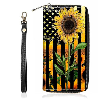 American Flag Sunflower Print Wallet for Women Large Capacity Wallet Credit Card Holder PU Leather Zipper Clutch Purse Phone Wallet - color: American Flag Sunflower