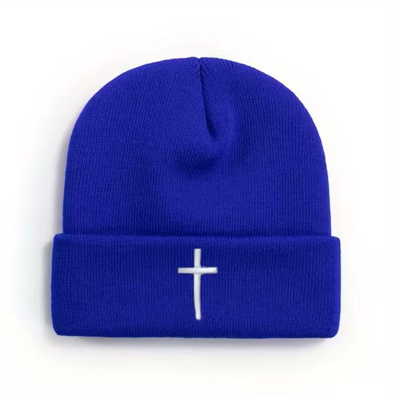 Unisex Stretch Warm Winter Skull Cap, Cold Weather Knit Beanie - color: Blue - 3d Cross Embroidery