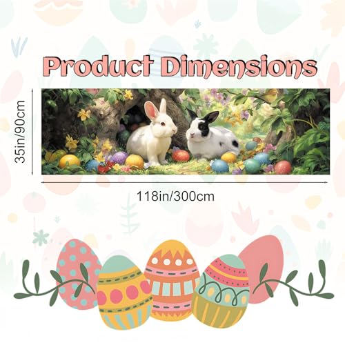 Happy Easter Bunny Fence Banner 118 x 35 Inch, Large Waterproof Outdoor Easter Banner with Cute Rabbits & Colorful Eggs for Yard Porch Fence Spring Party Decorations - color: 223-1