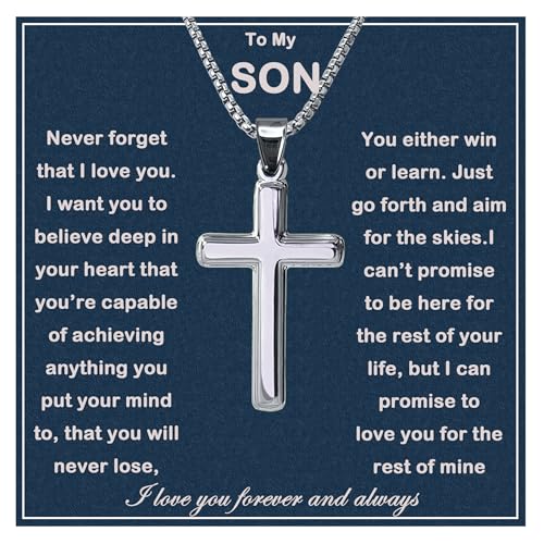 MGOOL Son Gifts From Mom To My Son Necklace From Dad Faith Cross Necklace Present Graduation Birthday Gifts Message Card＆LED Gift Box - color: SN928-Silver Wooden Led Box
