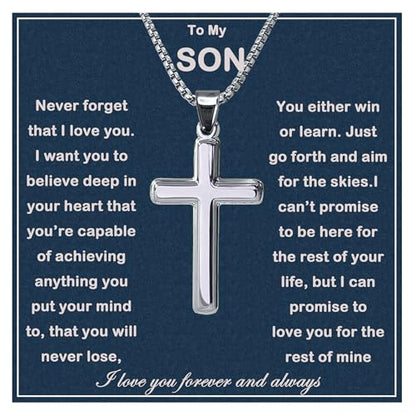 MGOOL Son Gifts From Mom To My Son Necklace From Dad Faith Cross Necklace Present Graduation Birthday Gifts Message Card＆LED Gift Box - color: SN928-Silver Wooden Led Box