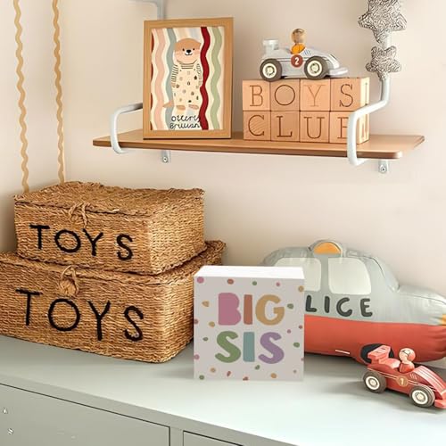 Lacama Boho Girl Nursery Wooden Box Sign, Big Sister Decorations Wood Block Signs, Twin Room Wood Sign for Toddler Girls Room Bedroom Playroom Desk Shelf Wall Decor 5x5 Inches - color: Big Sis