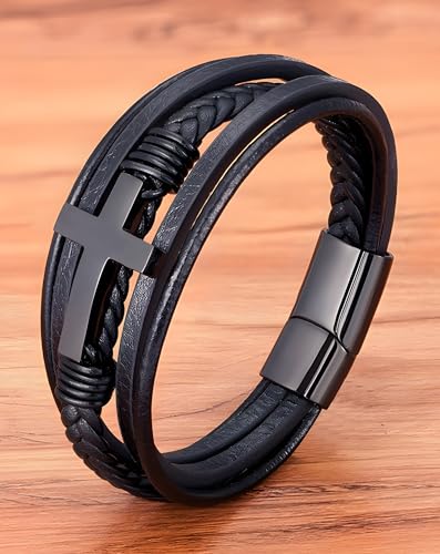 Cross Leather Bracelet for Men, Multi-Layer Braided Mens Religious Cuff Bracelets with Stainless Steel Clasp Anniversary Father's Day Birthday Christmas Jewelry Gifts for Him - color: Black Clasp & Black Leather