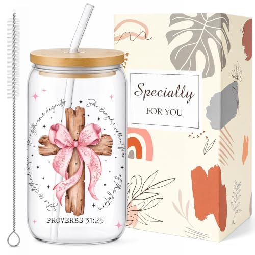 Christian Gifts for Women Glass Cups - Glass Tumbler with Straw and Lid, Pink Bow Cross Bible Verse Gift for Women Teacher Sister Best Friend Coworkers Bestie Birthday Graduation Christmas - style: pink bow and cross