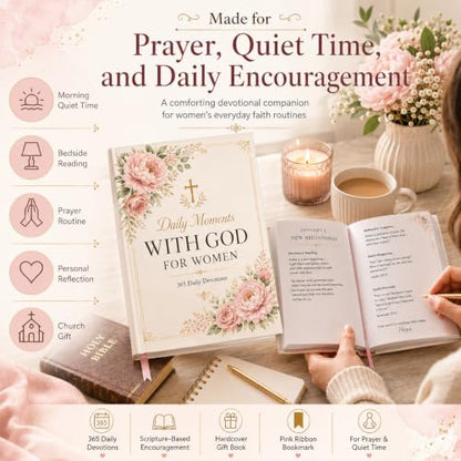 Daily Devotional for Women, 10 Minutes with God 365 Christian Devotions for Prayer, Quiet Time, and Daily Encouragement, Hardcover Gift Book with Pink Ribbon Bookmark