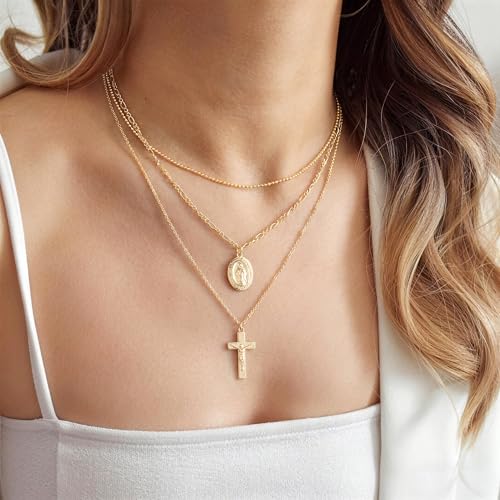Turandoss Layered Cross Necklaces Stack for Women Girls, Christian Gift - color: Cross-Virgin Mary