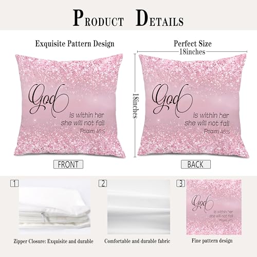 God is Within Her She Will Not Fail Christian Pillow Covers 18x18, Christian Room Home Decor, Glittery Pink Religious Bible Verse Decorative Pillow Covers for Girls Dorm Bedroom - color: Colour 02