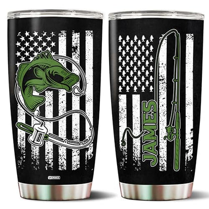 Personalized Fishing Gifts for Men American Flag Insulated Stainless Steel 20oz With Lid Travel Cup Coffee Mug Fish Tumbler Gift for Fisherman Him Dad Husband - color: FISHING