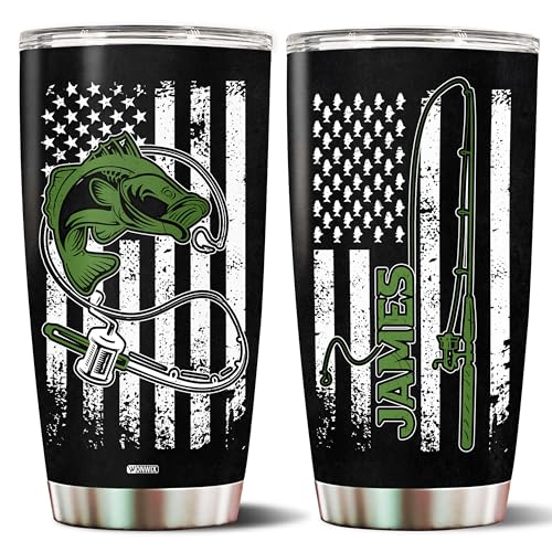 Personalized Fishing Gifts for Men American Flag Insulated Stainless Steel 20oz With Lid Travel Cup Coffee Mug Fish Tumbler Gift for Fisherman Him Dad Husband - color: FISHING