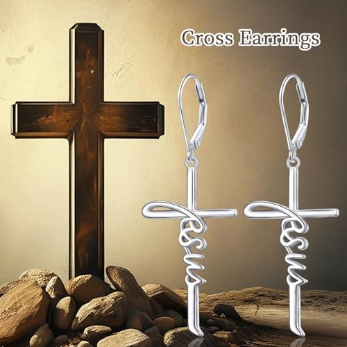 925 Sterling Silver Infinity Love of God Simple Dainty Faith Cross Dangle Earrings Religious Gift for Women - color: Jesus