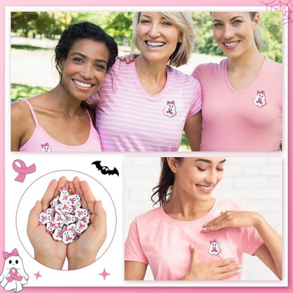 Quelay 30 Sets Breast Cancer Awareness Lapel Pins with Card Bulk Halloween Ghost Pink Ribbon Gifts Accessories for Women Survivor Public School Charity Events Gift Supplies - style: Breast Cancer Awareness