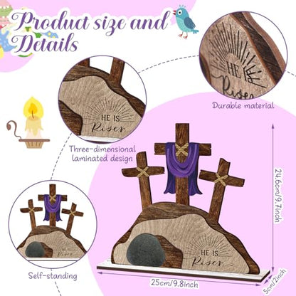 Beeveer Empty Tomb Easter Scene and Cross Decoration He Is Risen Decor Religious Wooden Tabletop Signs Christian Table Centerpiece for Easter Birthday Rustic Farmhouse Home Spring Decor(Retro Style) - style: Retro Style