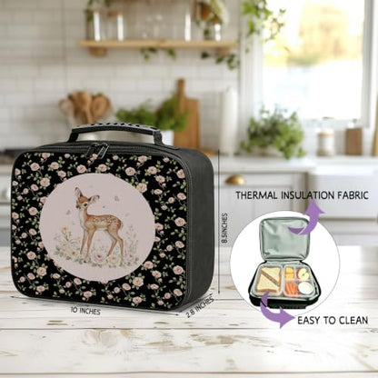 Pink Rose Floral Deer Insulated Lunchbox Bag - color: Deer