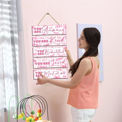 Pink Bows Wall Art Wooden Inspirational Girls Bedroom Signs Aesthetic Decor - color: Pink You Are Quotes