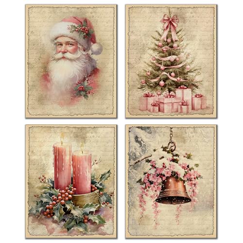 DOFQZ Pink Christmas Wall Art Prints Set of 4, Girly Christmas Room Decor, Vintage Winter Xmas Candle Tree Bell Santa Claus Posters for Girl Bedroom Dorm Apartment Decor, 8x10 Unframed - color: 07Child, size: 8*10