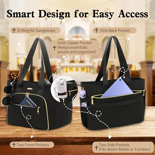Large Bible Bag for Women, 2-in-1 Bible Tote with Detachable Embroidered Bible Cover & Study Supplies, Church Bible Study Bag, Gift-Ready Christian Gift for Women (Black) - color: Black