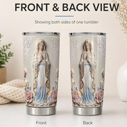 Virgin Mary White Statue Art 20oz Tumbler, Virgin Mary Tumbler for Daily Drinks, Blue Robe Rose Illustration, Catholic Devotional Cup, Religious Design for Women, Men, and Church Use (Steel) - color: Steel