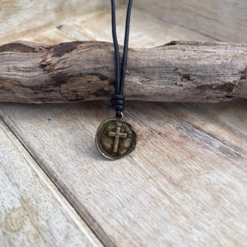 Cross Necklace Mens - Men Cross Coin, Religious Pendant, Medallion Necklaces, Christmas Gift, Catholic Pendant, Christian Charms, Women Gifts to Husband, Cute Crosses - color: Antique Gold, style: Black Leather