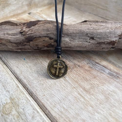 Cross Necklace Mens - Men Cross Coin, Religious Pendant, Medallion Necklaces, Christmas Gift, Catholic Pendant, Christian Charms, Women Gifts to Husband, Cute Crosses - color: Antique Gold, style: Black Leather