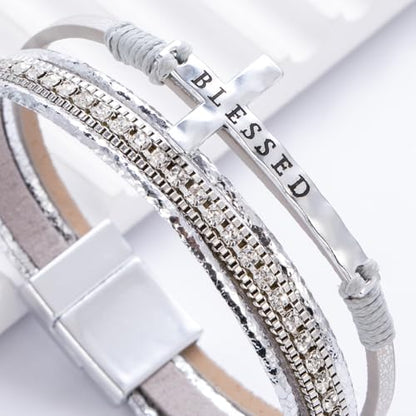 Christian Cross Leather Bracelets Boho Western Blessing Religious Jewelry - color: Silver