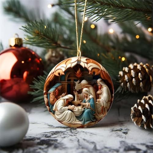 6 Pack Nativity Scene Ornaments for Christmas Tree, 3.15'' 3D-Printed Flat Acrylic Hanging Decor, The Birth of Jesus Religious Keepsake Gift for Christian Family