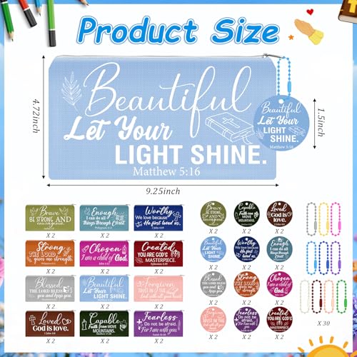 Cinrobiye 24 Pcs Bible Verse Pencil Case Bulk, Christian Gifts Set with Scripture Tags, Zipper Pouch for Church, Bible Study, Sunday School, Mother's Day, Religious Party Favors