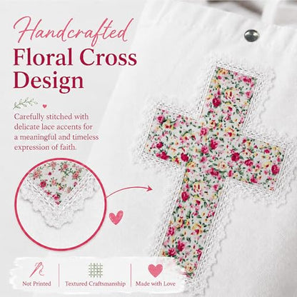 Christian Tote Bag Gift for Women, Canvas Bible Bag Handmade Floral Cross - color: White-pink Rose Garden