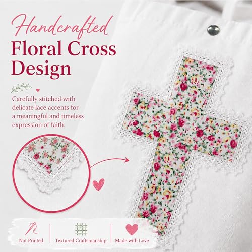 Christian Tote Bag Gift for Women, Canvas Bible Bag Handmade Floral Cross - color: White-pink Rose Garden
