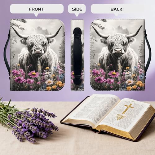 Bible Cover for Women Large PU Leather Zippered Bible Case with Handle and Flower Highland Cattle Design, Christian Bible Cover for Girls & Women, Cover Fits Standard 9.5"x7.5"x2.3" Bible - color: Flower Highland Cattle