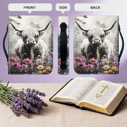 Bible Cover for Women Large PU Leather Zippered Bible Case with Handle and Flower Highland Cattle Design, Christian Bible Cover for Girls & Women, Cover Fits Standard 9.5"x7.5"x2.3" Bible - color: Flower Highland Cattle
