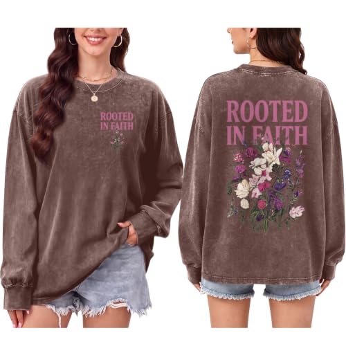 Oversized Christian Long Sleeve Shirts for Women Faith Bible Verse Floral Graphic Tees Acid Wash Vintage Sweatshirts - color: Coffee, size: Small