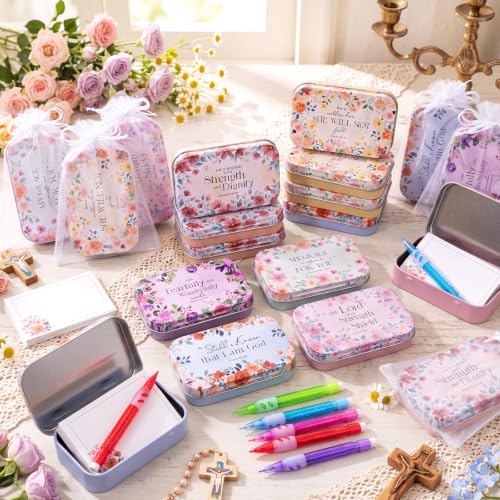 24 Sets Prayer Box Bulk with Cards, Pencils and Organza Bags, Floral Tin Prayer Boxes for Christian Gifts, Christmas, Church Favors, Bible Study, Baptism (Vibrant Floral) - style: Vibrant Floral