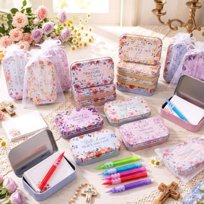 24 Sets Prayer Box Bulk with Cards, Pencils and Organza Bags, Floral Tin Prayer Boxes for Christian Gifts, Christmas, Church Favors, Bible Study, Baptism (Vibrant Floral) - style: Vibrant Floral